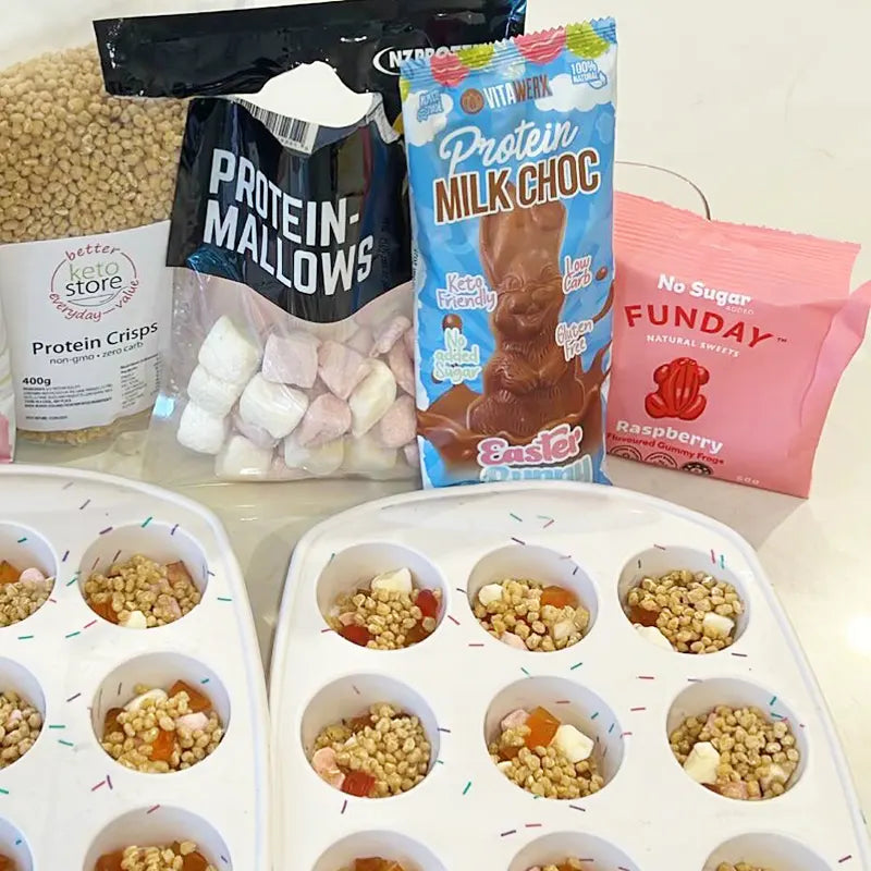 Keto Store NZ | Rocky Road recipe using Protein Crisps in molds | vitawerx milk chocolate bunny | Funday Raspberry Frogs | Protein Mallows