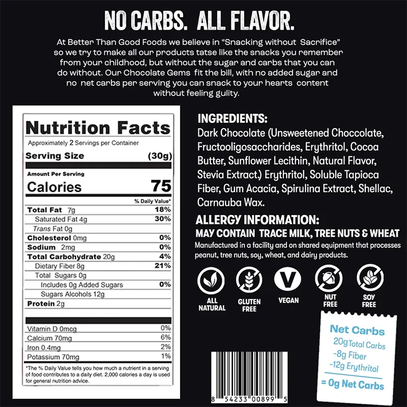 Keto Store NZ | Better Than Good Foods | Chocolate Gems | Ingredients | NIP