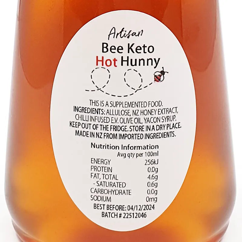 Bee Keto Hot Hunny | Nutritional Information NIP | exclusive to Keto Store NZ | Keto Hot Honey | Honey Hunny Hunney Spicey | Large Bottle