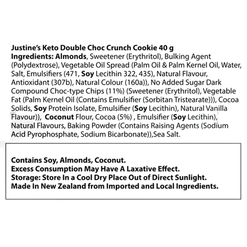 Keto Store NZ | Double Choc Crunch Cookie | Ingredients | Justine's Cookies