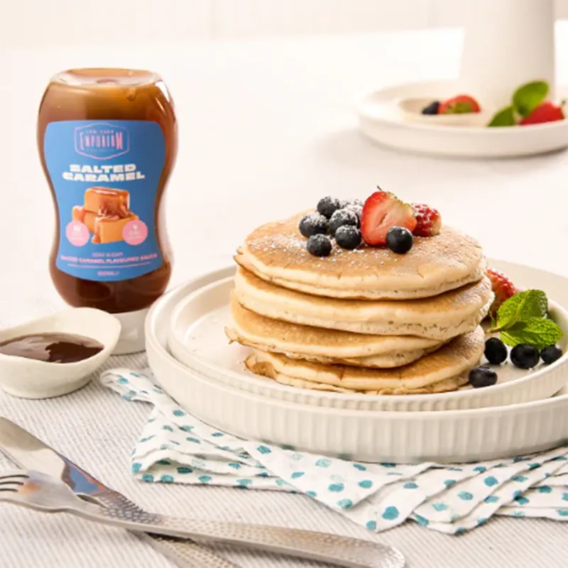  Keto Store NZ | Low Carb Emporium | Salted Caramel Sauce on a stack of pancakes with blueberries and strawberries
