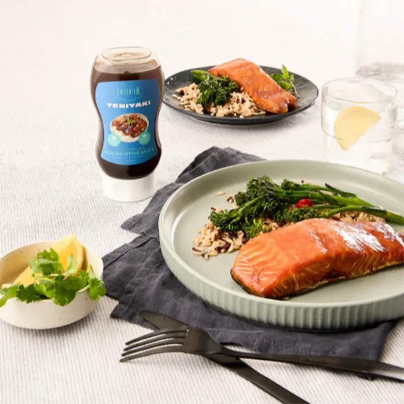 Keto Store NZ | Low Carb Emporium | Teriyaki Sauce on a Salmon dish with rice and greens on a plate