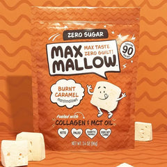 Keto Store NZ | Max Mallow | Marshmallows | Birthday Cake flavour with collagen and MCT oil | Keto Paleo GF | Max Mallow burnt caramel marshmallow package on an orange background