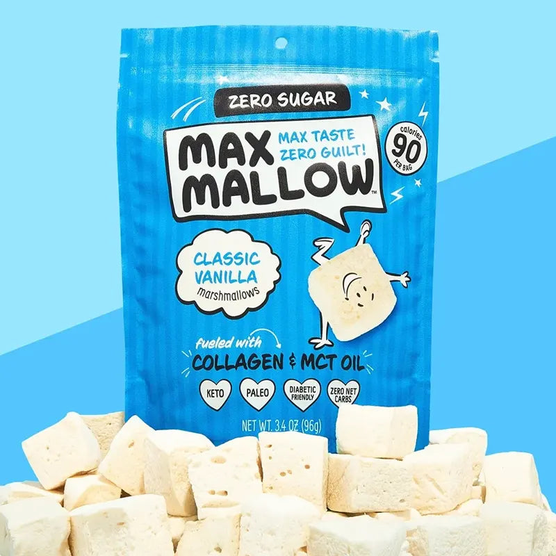 Keto Store NZ | Max Mallow Marshmallows | Classic Vanilla flavour with collagen and MCT oil | Blue packaging of Max Mallow marshmallows with marshmallows in front on a blue background