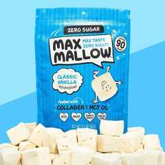 Keto Store NZ | Max Mallow Marshmallows | Classic Vanilla flavour with collagen and MCT oil | Blue packaging of Max Mallow marshmallows with marshmallows in front on a blue background