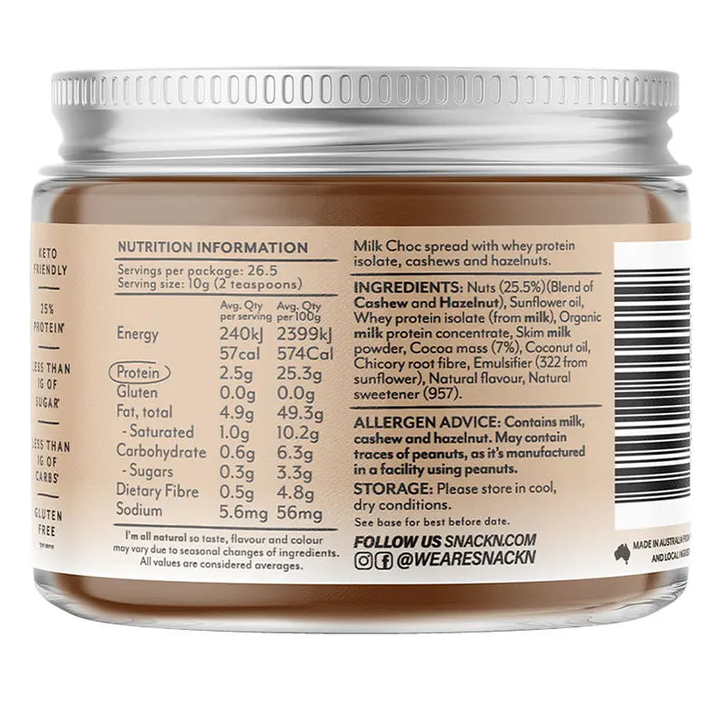 Keto Store NZ | Snack'n Milk Choc Protein nut spread | Keto Friendly Nutella | NIP | Ingredients