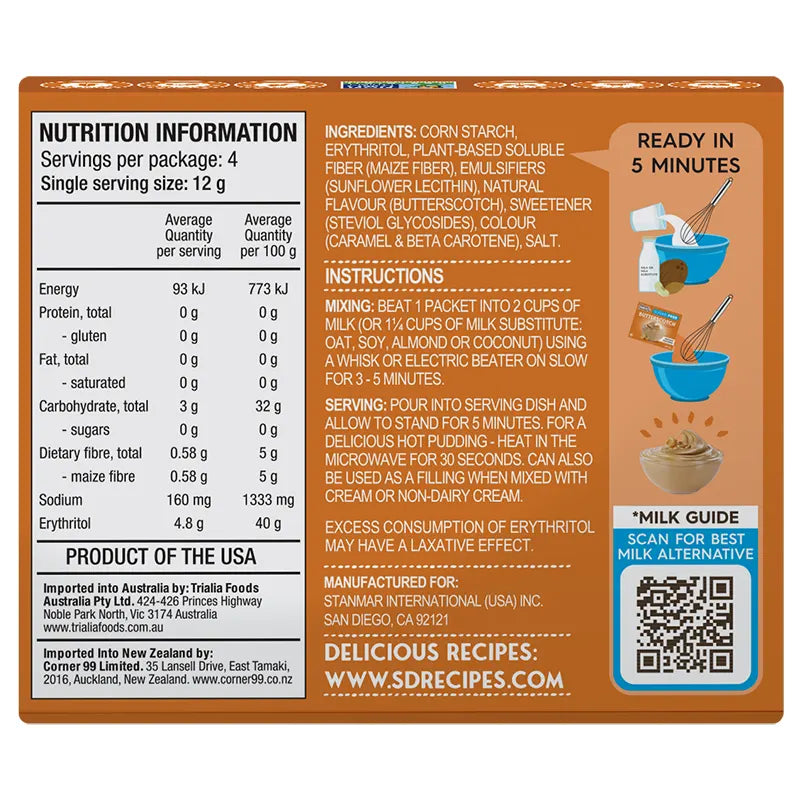 Keto Store NZ | Simply Desserts Sugar Free | Instant Pudding | Butterscotch NIP Ingredients