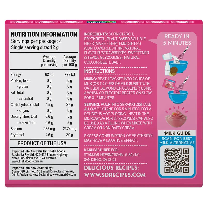 Keto Store NZ | Simply Desserts Sugar Free | Instant Pudding | Strawberry NIP Ingredients