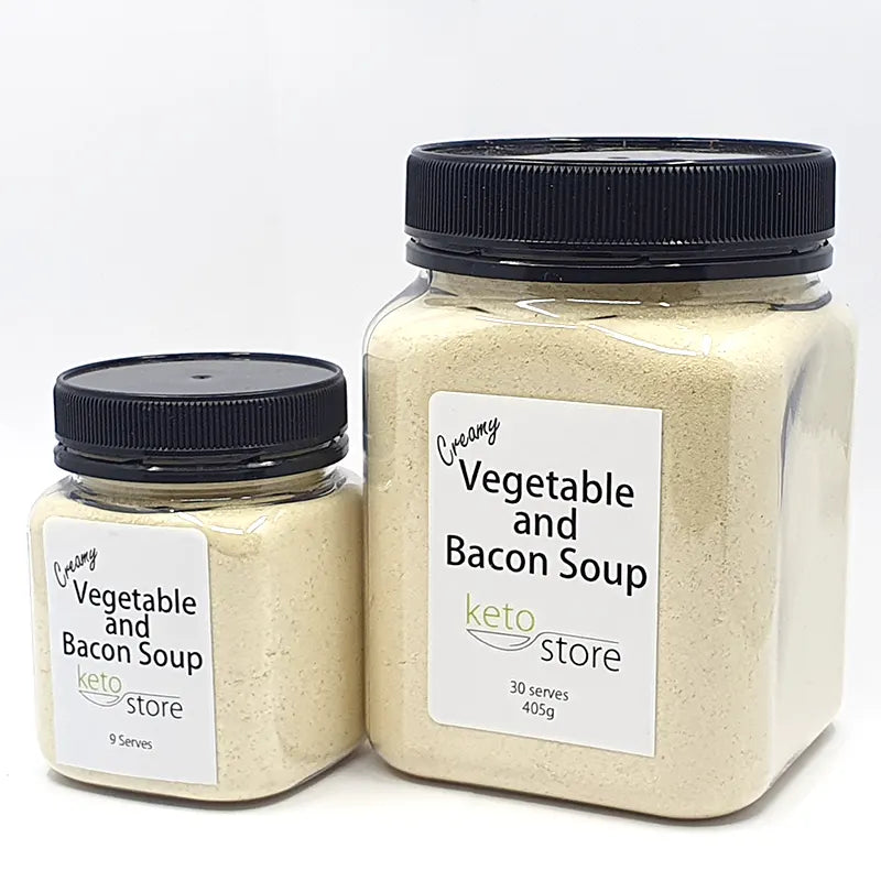 9 serve and 30 serve jars of Creamy Vegetable and Bacon Keto Soup Mix from Keto Store NZ  