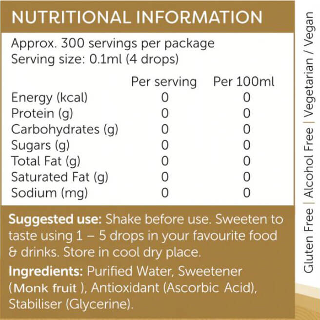 Keto Store NZ | Liquid Monkfruit Vanilla Flavour NIP Nutritional Info