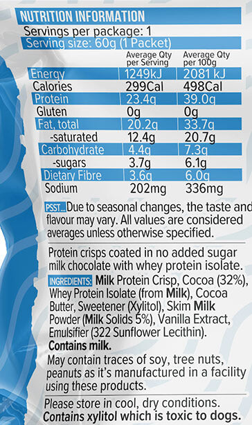Keto Store NZ | Vitawerx Puff'd Protein Crisps Milk Choc NIP Nutritional Information Panel